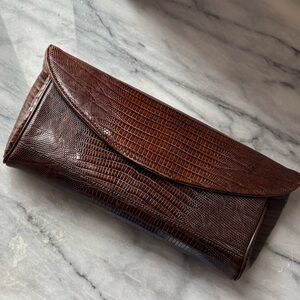 VNTG Palizzio Brown Exotic Lizard Skin Clutch Bag w OG Vassar Mirror Inside